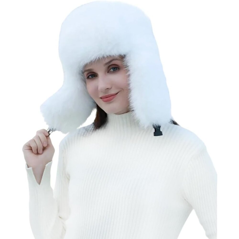Women's White Faux Fur Ski Trooper Winter With Earflap Classic Snow Ushanka Cap